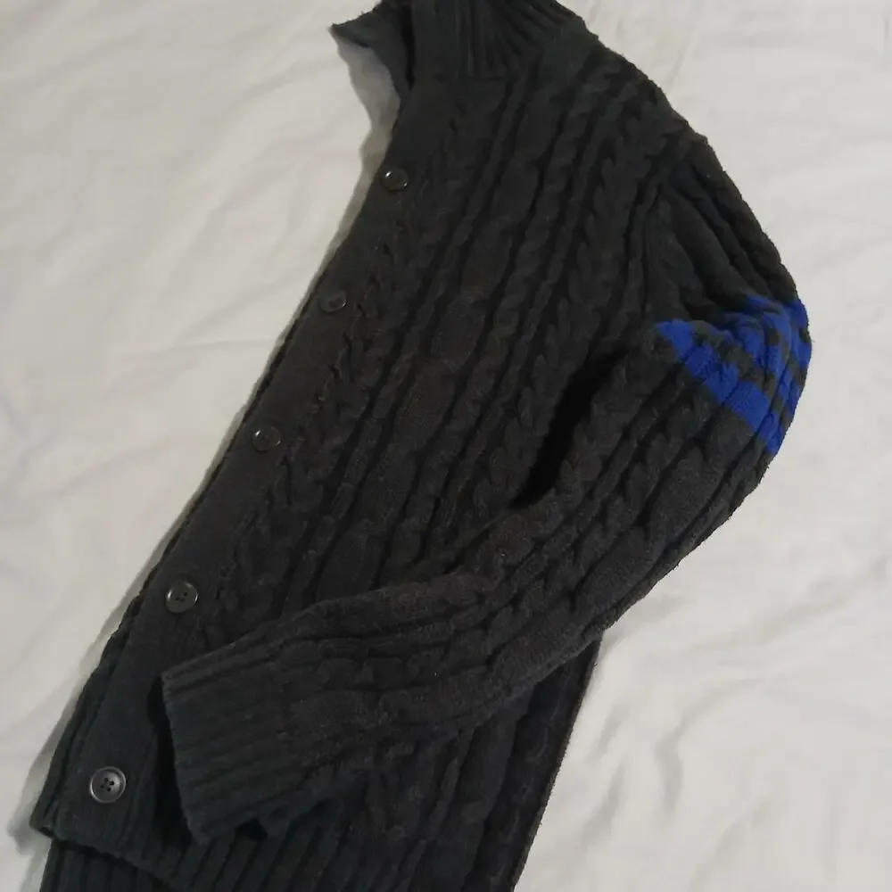 Gap XL Men's Cable-Knit Dark Grey Button-Up Cardigan 100% Cotton Striped-Sleeve